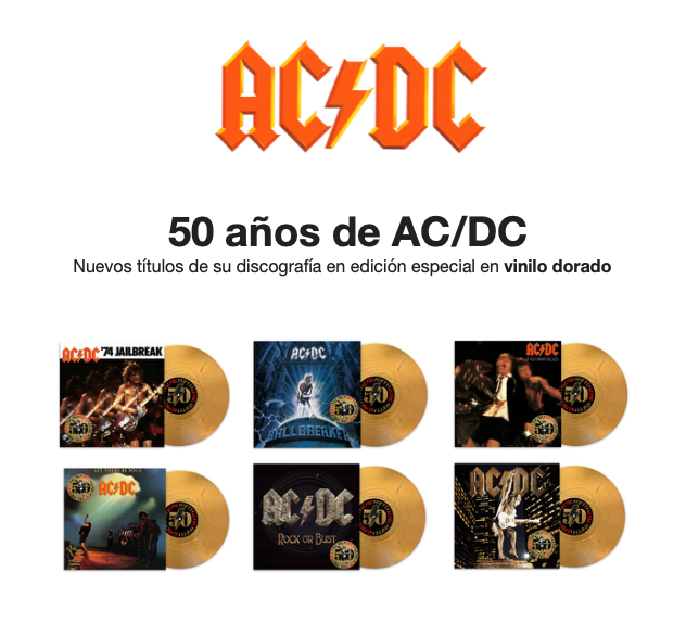 50 años de AC/DC. Nuevos títulos de su discografía en edición especial en vinilo dorado