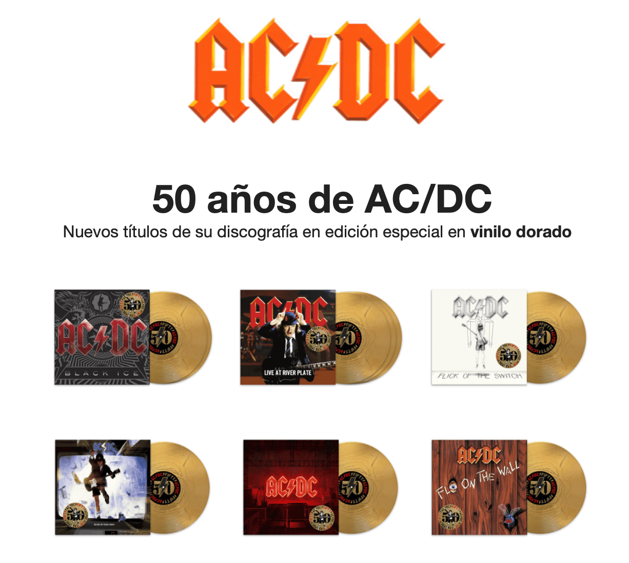 50 años de AC/DC Nuevos títulos de su discografía en edición especial en vinilo dorado en SMFSTORE